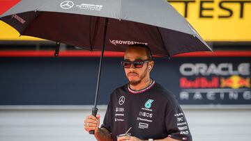 Mercedes' British driver Lewis Hamilton arrives to attend the Drivers Parade ahead of the Formula One Austrian Grand Prix on the Red Bull Ring race track in Spielberg, Austria, on June 30, 2024. (Photo by Jure Makovec / AFP)