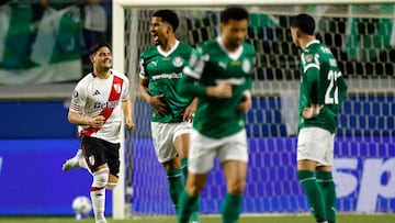 River Plate's forward #07 Maximiliano Salas celebrates after scoring his team's first goal during the Copa Libertadores quarterfinal second leg football match between Brazil's Palmeiras and Argentina's River Plate at the Allianz Parque Stadium in Sao Paulo, Brazil on September 24, 2025. (Photo by Miguel SCHINCARIOL / AFP)
