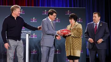 LAS VEGAS, NEVADA - FEBRUARY 12: (L-R) NFL Commissioner Roger Goodell, Greater New Orleans Sports Foundation and Host Committee President and CEO Jay Ciero, New Orleans Saints owner Gayle Benson and Louisiana Lt. Gov. Billy Nungesser attend a Super Bowl Host Committee handoff news conference at the Mandalay Bay Convention Center on February 12, 2024 in Las Vegas, Nevada.   Ethan Miller/Getty Images/AFP (Photo by Ethan Miller / GETTY IMAGES NORTH AMERICA / Getty Images via AFP)