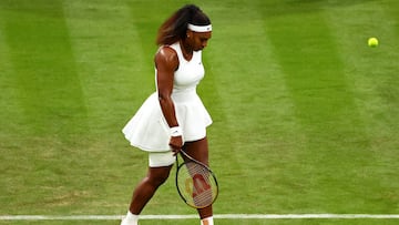 LONDON, ENGLAND - JUNE 29: Serena Williams of The United States reacts in her Ladies&#039; Singles First Round match against Aliaksandra Sasnovich of Belarus during Day Two of The Championships - Wimbledon 2021 at All England Lawn Tennis and Croquet Club 