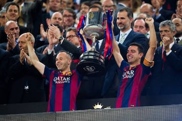 Xavi (right) with fellow Barcelona legend Andres Iniesta after the Copa del Rey final against Athletic Club in May, 2015.