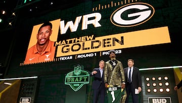 GREEN BAY, WISCONSIN - APRIL 24: Wide Receiver Matthew Golden of Texas celebrates after being selected twenty-third overall pick by the Green Bay Packers during the first round of the 2025 NFL Draft at Lambeau Field on April 24, 2025 in Green Bay, Wisconsin. Stacy Revere/Getty Images/AFP (Photo by Stacy Revere / GETTY IMAGES NORTH AMERICA / Getty Images via AFP)