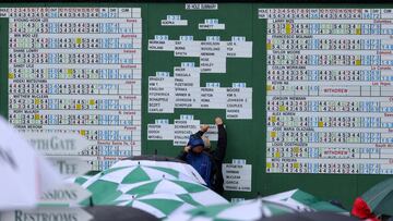 Golf - The Masters - Augusta National Golf Club - Augusta, Georgia, U.S. - April 8, 2023 General view as staff work on the scoreboard during the second round REUTERS/Mike Blake