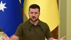 Ukrainian President Volodymyr Zelensky speaks during a joint press conference with Australia's Prime Minister at Mariynsky Palace following a meeting in Kyiv on July 3, 2022 amid the Russian invasion of Ukraine. (Photo by Miguel MEDINA / AFP) (Photo by MIGUEL MEDINA/AFP via Getty Images)