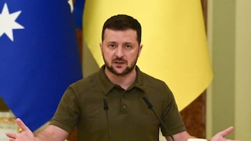 Ukrainian President Volodymyr Zelensky speaks during a joint press conference with Australia's Prime Minister at Mariynsky Palace following a meeting in Kyiv on July 3, 2022 amid the Russian invasion of Ukraine. (Photo by Miguel MEDINA / AFP) (Photo by MIGUEL MEDINA/AFP via Getty Images)