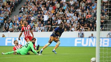 Newcastle United's French midfielder Allan Saint-Maximin shoots and scores his team second goal during a club friendly football match between Newcastle United and Athletic Club at St James' Park in Newcastle-upon-Tyne, northeast England, on July 30, 2022. (Photo by Lindsey Parnaby / AFP)