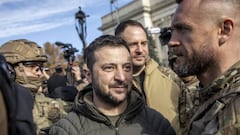 KHERSON, KHERSON OBLAST, UKRAINE, NOVEMBER 14: Ukrainian President Vladimir Zelensky  visits Kherson City for first time after the withdrawal of Russian troops in Ukraine, November 13th, 2022. (Photo by Narciso Contreras/Anadolu Agency via Getty Images)