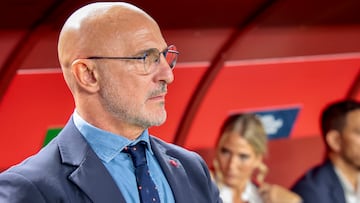 El técnico de la selección española, Luis de la Fuente, durante el encuentro correspondiente a la fase de grupos de la Liga de Naciones que disputan hoy sábado España y Dinamarca en el estadio Enrique Roca de Murcia. EFE / Juan Carlos Caval.