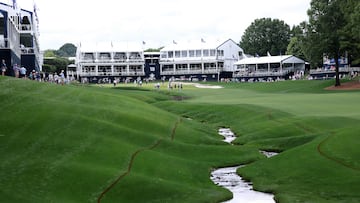 CHARLOTTE, NORTH CAROLINA - MAY 14: A general view of the 18th hole prior to the PGA Championship at Quail Hollow Country Club on May 14, 2025 in Charlotte, North Carolina. Warren Little/Getty Images/AFP (Photo by Warren Little / GETTY IMAGES NORTH AMERICA / Getty Images via AFP)
