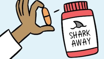 Un cient&iacute;fico muetra una pastilla que mantiene a los tiburones a ralla, con su respectivo bote al lado. Imagen de dibujos animados creada por la OMS. 