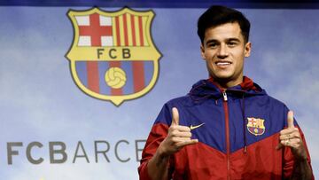 Philippe Coutinho en su presentación como nuevo jugador del Barcelona.
