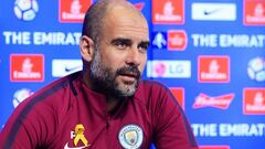MANCHESTER, ENGLAND - FEBRUARY 16: Manchester City manager Pep Guardiola speaks during the press conference at Manchester City Football Academy on February 16, 2018 in Manchester, England. (Photo by Matt McNulty - Manchester City/Man City via Getty Images