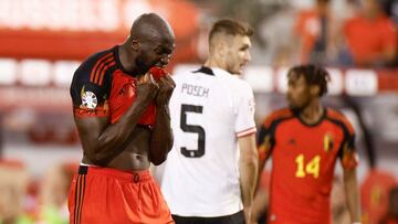 Belgium's forward Romelu Lukaku reacts during the UEFA Euro 2024 group F qualification football match between Belgium and Austria at the King Baudouin Stadium in Brussels, on June 17, 2023. (Photo by KENZO TRIBOUILLARD / AFP)