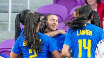 ORLANDO, FL - FEBRUARY 16: Brazil forward Marta (10) steps on the pitch and within minutes scores the first goal in she believes during the She Believes soccer match between the Japan and Brazil on February 16, 2022 at Explorer Stadium in Orlando, FL. (Photo by Andrew Bershaw/Icon Sportswire via Getty Images)