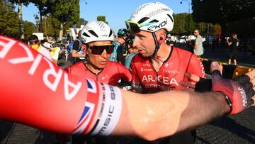 PARIS, FRANCE - JULY 24: (L-R) Nairo Alexander Quintana Rojas of Colombia and Amaury Capiot of Belgium and Team Arkéa - Samsic react after the 109th Tour de France 2022, Stage 21 a 115,6km stage from Paris La Défense to Paris - Champs-Élysées / #TDF2022 / #WorldTour / on July 24, 2022 in Paris, France. (Photo by Tim de Waele/Getty Images)