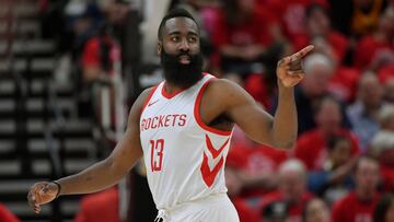 SALT LAKE CITY, UT - MAY 04: James Harden #13 of the Houston Rockets gestures down court in the second half during Game Three of Round Two of the 2018 NBA Playoffs against the Utah Jazz at Vivint Smart Home Arena on May 4, 2018 in Salt Lake City, Utah. Th