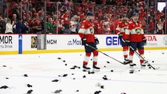 SUNRISE, FLORIDA - JUNE 10: The Florida Panthers celebrate their victory over the Edmonton Oilers in Game Two of the 2024 Stanley Cup Final at Amerant Bank Arena on June 10, 2024 in Sunrise, Florida.   Bruce Bennett/Getty Images/AFP (Photo by BRUCE BENNETT / GETTY IMAGES NORTH AMERICA / Getty Images via AFP)
