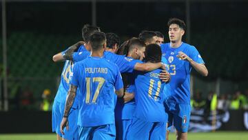 Cesena (Italy), 07/06/2022.- Italy players celebrate after scoring a goal during the UEFA Nations League soccer match Italy vs Hungary at Orogel Stadium Dino Manuzzi in Cesena, Italy, 07 June 2022. (Hungría, Italia) EFE/EPA/DAVIDE GENNARI
