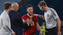 Belgium&#039;s midfielder Eden Hazard is substituted by Belgium&#039;s Spanish coach Roberto Martinez (2L) during the UEFA EURO 2020 round of 16 football match between Belgium and Portugal at La Cartuja Stadium in Seville on June 27, 2021. (Photo by Julio
