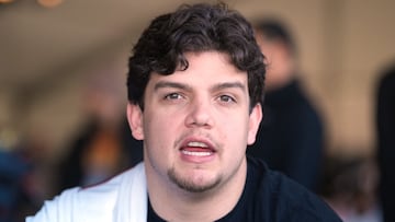 Feb 5, 2026; Santa Clara, CA, USA; New England Patriots offensive tackle Will Campbell (66) talks to media members at the Santa Clara Marriott. Mandatory Credit: Darren Yamashita-Imagn Images