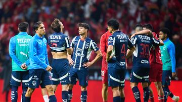 Iker Fimbres, Sergio Canales, Oliver Torresm victor Guzman of Monterrey during the Quarter-Final second leg match between Toluca and Monterrey as part of the Liga BBVA MX, Torneo Clausura 2025 at Nemesio Diez Stadium on May 10, 2025 in Toluca, Estado de Mexico, Mexico.