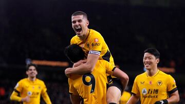 Soccer Football - Premier League - Wolverhampton Wanderers v Everton - Molineux Stadium, Wolverhampton, Britain - November 1, 2021 Wolverhampton Wanderers' Raul Jimenez celebrates scoring their second goal with Conor Coady Action Images via Reuters/A