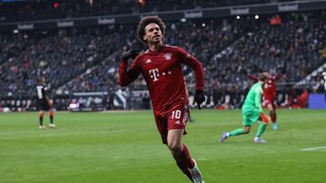 FRANKFURT AM MAIN, GERMANY - FEBRUARY 26: Leroy Sane of FC Bayern Muenchen celebrates after scoring their first goal during the Bundesliga match between Eintracht Frankfurt and FC Bayern München at Deutsche Bank Park on February 26, 2022 in