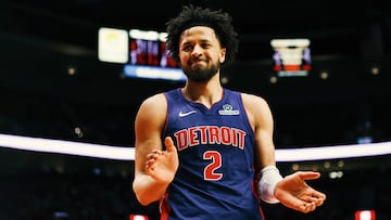 PORTLAND, OREGON - MARCH 09: Cade Cunningham #2 of the Detroit Pistons reacts to a call during the fourth quarter against the Portland Trail Blazers at the Moda Center on March 09, 2025 in Portland, Oregon. The Detroit Pistons won 119-112. NOTE TO USER: User expressly acknowledges and agrees that, by downloading and or using this photograph, User is consenting to the terms and conditions of the Getty Images License Agreement. (Photo by Alika Jenner/Getty Images)