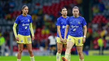 (I-D), Alison Gonzalez, Kiana Palacios, Katty Martinez de America durante el partido America vs Pachuca, Correspondiente al partido de Vuelta de la Gran final del Torneo Clausura 2023 de la Liga BBVA MX Femenil, en El Estadio Azteca, el 05 de Junio de 2023