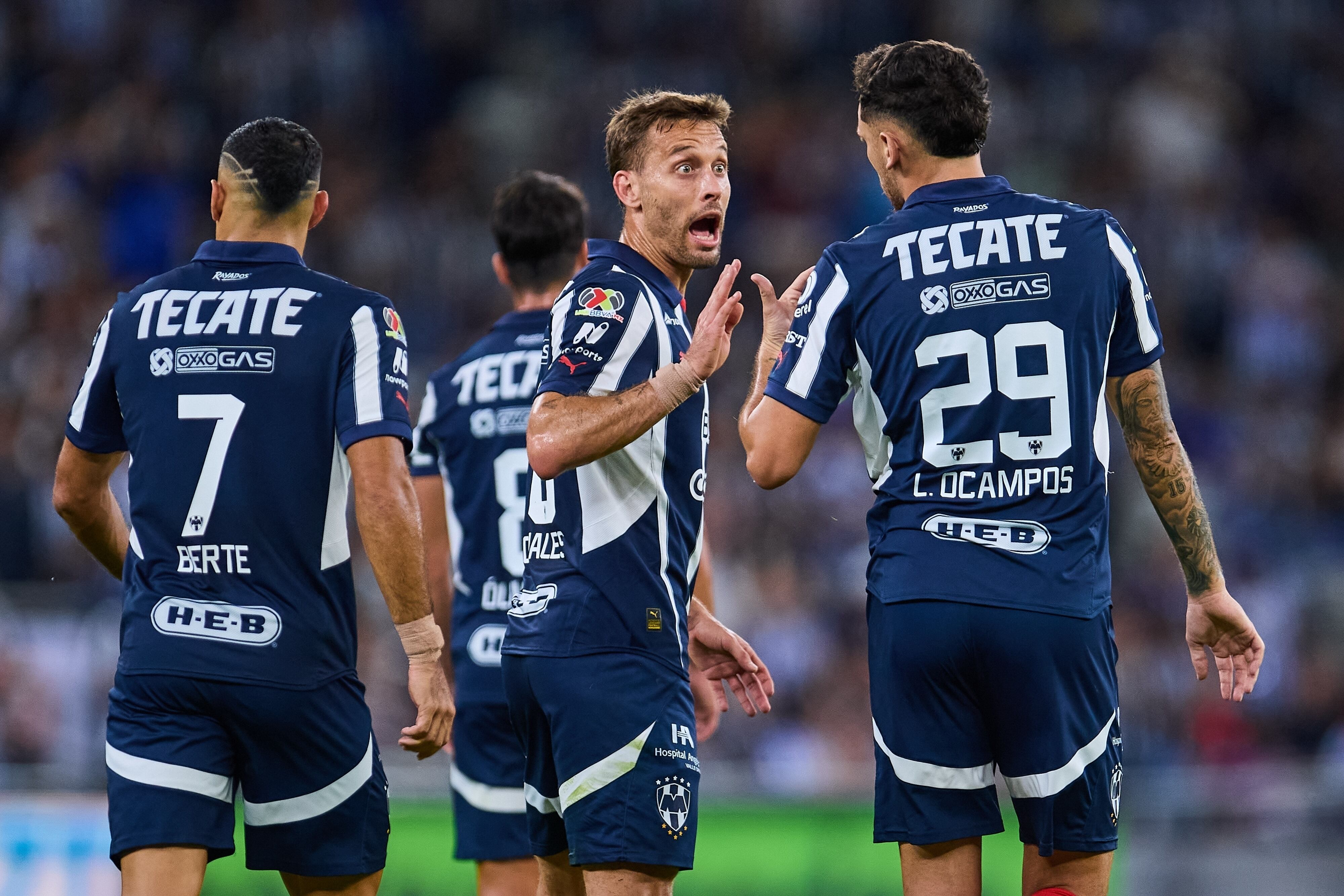 Sergio Canales and Lucas Ocampos of Monterrey during the 15th round match between Monterrey and Atlas as part of the Liga BBVA MX, Torneo Apertura 2024 at BBVA Bancomer Stadium on November 02, 2024 in Monterrey, Nuevo Leon, Mexico.