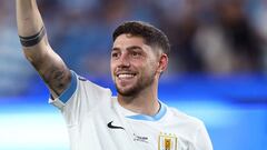 EAST RUTHERFORD, NEW JERSEY - JUNE 27: Federico Valverde of Uruguay celebrates after winning the CONMEBOL Copa America 2024 Group C match between Uruguay and Bolivia at MetLife Stadium on June 27, 2024 in East Rutherford, New Jersey.   Tim Nwachukwu/Getty Images/AFP (Photo by Tim Nwachukwu / GETTY IMAGES NORTH AMERICA / Getty Images via AFP)