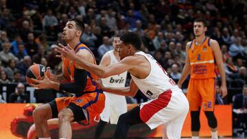 GRAF065. VALENCIA, 10/01/2020.- El jugador del Valencia Basket Alberto Abalde (i) juega un balón ante y Augustine Rubit, de Olympiacos, durante el partido de la Euroliga de baloncesto disputado esta noche en el Pabellón Municipal Fuente de San Luis, en Valencia. EFE/Miguel Ángel Polo
