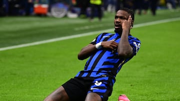 Inter Milan's French forward #09 Marcus Thuram celebrates after scoring the opening goal during the UEFA Champions League round of 16 second-leg football match between Inter Milan and Feyenoord Rotterdam at the San Siro Stadium in Milan, on March 11, 2025. (Photo by PIERO CRUCIATTI / AFP)