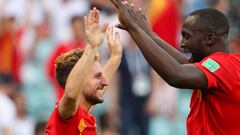 SOCHI, RUSSIA - JUNE 18:  Dries Mertens of Belgium celebrates scoring a goal to make it 1-0 with Romelu Lukaku during the 2018 FIFA World Cup Russia group G match between Belgium and Panama at Fisht Stadium on June 18, 2018 in Sochi, Russia. (Photo by Mat