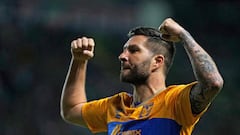 Tigres' French forward #10 Andre-Pierre Gignac celebrates scoring his team's second goal during the Mexican Clausura tournament football match between Tigres and Leon at Leon Stadium in Leon, Guanajuato state, Mexico on January 17, 2024. (Photo by Mario Armas / AFP)