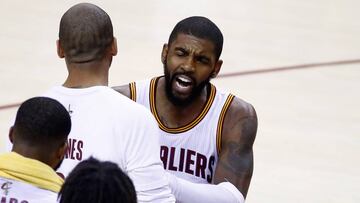 CLEVELAND, OH - JUNE 09: Kyrie Irving #2 of the Cleveland Cavaliers celebrates with Dahntay Jones #30 after a play in the fourth quarter against the Golden State Warriors in Game 4 of the 2017 NBA Finals at Quicken Loans Arena on June 9, 2017 in Cleveland, Ohio. NOTE TO USER: User expressly acknowledges and agrees that, by downloading and or using this photograph, User is consenting to the terms and conditions of the Getty Images License Agreement.   Gregory Shamus/Getty Images/AFP
 == FOR NEWSPAPERS, INTERNET, TELCOS &amp; TELEVISION USE ONLY ==