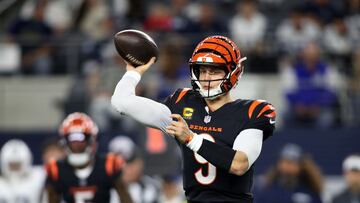 Dec 9, 2024; Arlington, Texas, USA; Cincinnati Bengals quarterback Joe Burrow (9) throws a pass against the Dallas Cowboys in the first quarter at AT&T Stadium. Mandatory Credit: Tim Heitman-Imagn Images