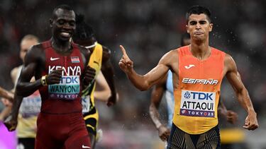 Kenya's Emmanuel Wanyonyi (L) and Spain's Mohamed Attaoui react after crossing the finish line in the men's 800m semi-final during the World Athletics Championships in Tokyo on September 18, 2025. (Photo by Jewel SAMAD / AFP)