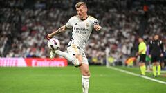 Real Madrid's German midfielder #08 Toni Kroos controls the ball during the Spanish league football match between Real Madrid CF and Real Betis at the Santiago Bernabeu stadium in Madrid on May 25, 2024. (Photo by JAVIER SORIANO / AFP)