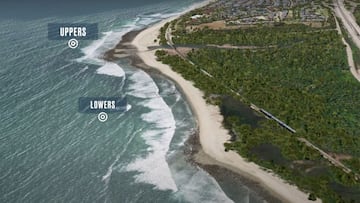 Los picos de Lowers y Uppers, en Lower Trestles, San Onofre State Beach (California, Estados Unidos), la joya de la zona para el surf, vista desde Google Earth. 