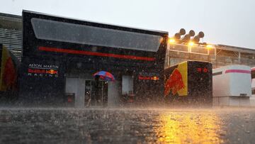 MONZA, ITALY - AUGUST 31:  Red Bull Racing paddock buildings are seen surrounded by rain before practice for the Formula One Grand Prix of Italy at Autodromo di Monza on August 31, 2018 in Monza, Italy.  (Photo by Dan Istitene/Getty Images)