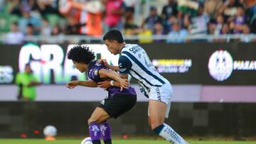 <br><br>
(I-D), Eduard Bello de Mazatlan y Gustavo Cabral de Pachuca durante el partido Mazatlan FC vs Pachuca, correspondiente a la Jornada 01 del Torneo Apertura 2023 de la Liga BBVA MX , en el Estadio El Kraken, el 30 de Junio de 2023.