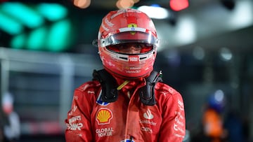 Nov 22, 2024; Las Vegas, Nevada, USA; Scuderia Ferrari driver Carlos Sainz (55) arrives in parc ferme after qualifying second at Las Vegas Circuit. Mandatory Credit: Gary A. Vasquez-Imagn Images