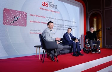 Vicente Capitán, periodista y atleta, Jesús Porta, jefe del servicio de neurología del Hospital Universitario Fundación Jiménez Díaz y presidente de la Sociedad Española de Neurología y Juan Carlos Unzué, exfutbolista, comentarista y activista contra el ELA.