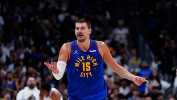 May 9, 2025; Denver, Colorado, USA; Denver Nuggets center Nikola Jokic (15) reacts to a foul called in the first half against the Oklahoma City Thunder during game three of the second round for the 2025 NBA Playoffs at Ball Arena. Mandatory Credit: Ron Chenoy-Imagn Images