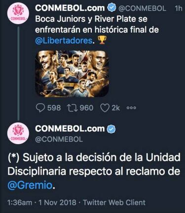 La Conmebol acepta el recurso de Gremio y River espera