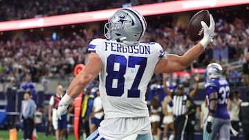 Nov 30, 2023; Arlington, Texas, USA; Dallas Cowboys tight end Jake Ferguson (87) celebrates after a touchdown catch during the second half against the Seattle Seahawks at AT&T Stadium. Mandatory Credit: Tim Heitman-USA TODAY Sports