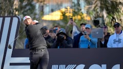 Feb 10, 2024; Las Vegas, Nevada, USA; Jon Rahm plays his shot from the 18th tee during the final round of the LIV Golf Las Vegas tournament at Las Vegas Country Club. Mandatory Credit: Lucas Peltier-USA TODAY Sports