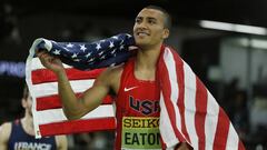 Gold medalist Ashton Eaton of the U.S. reacts after winning the men&#039;s heptathlon at the IAAF World Indoor Athletics Championships in Portland, Oregon March 19, 2016. REUTERS/Lucy Nicholson