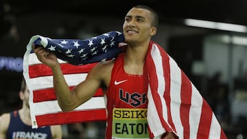 Gold medalist Ashton Eaton of the U.S. reacts after winning the men's heptathlon at the IAAF World Indoor Athletics Championships in Portland, Oregon March 19, 2016. REUTERS/Lucy Nicholson